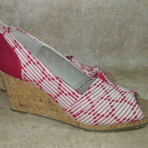 Toms Peep Toe Wedge Cork & Canvas Red & White Shoe